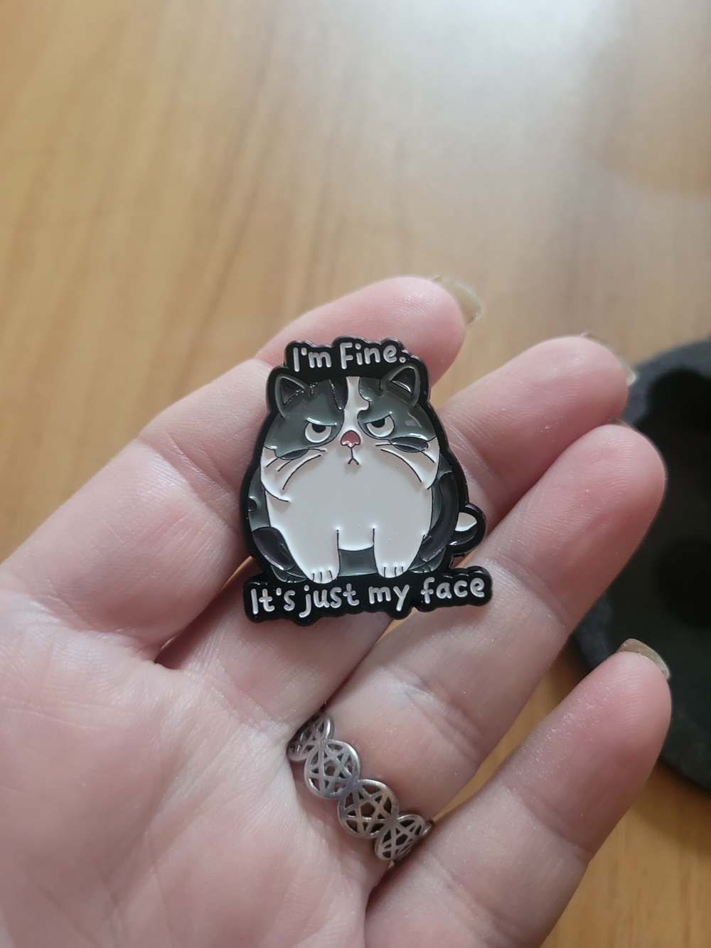 👻BUY 1 GET 1 FREE👻Enamel Cat Brooch Pin - Gray & White "I'm Fine" Statement